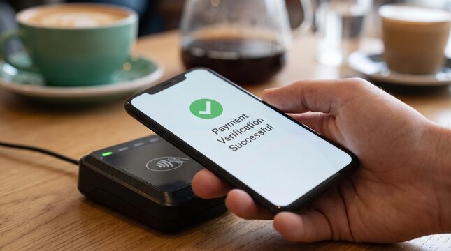 Smartphone making a contactless payment at a cafe table on transparent background
