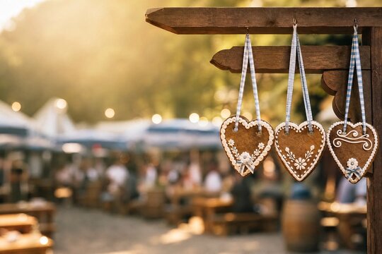 Three gingerbread hearts hanging at Oktoberfest beer garden market.