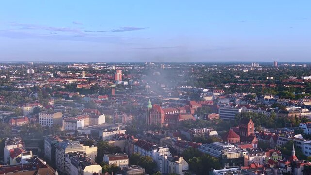 city skyline with large fire smoke plume rising. Best aerial view drone