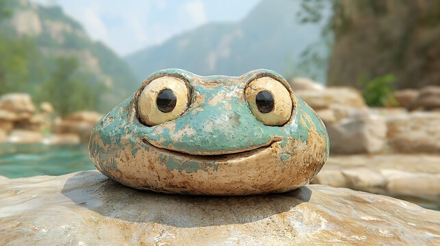 Smiling Frog Rock Surrounded by Nature in a Sunlit River Landscape