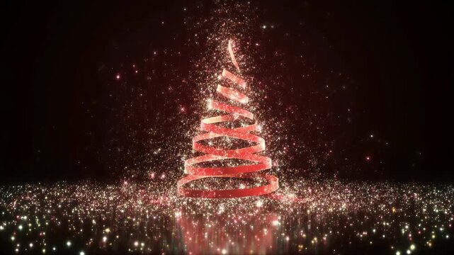 きらめく粒子へと分解するリボンのクリスマスツリー