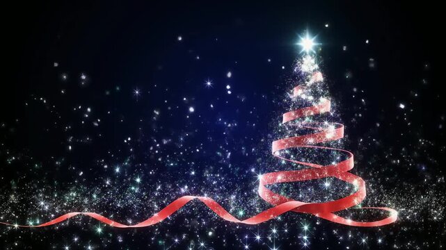 きらめく粒子へと分解するリボンのクリスマスツリー