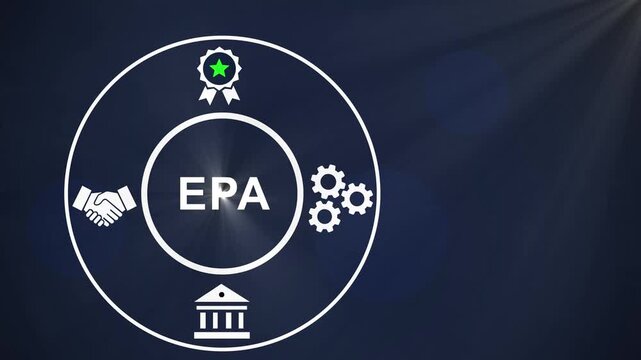 Epa environmental protection agency concept motion featuring animated of government buildings, corporate handshakes, assurance badges, and industrial mechanical gears