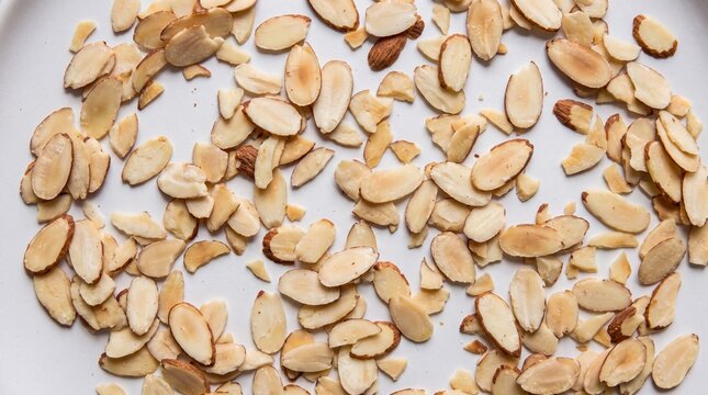 Sliced and slivered blanched almonds scattered on a white surface for baking