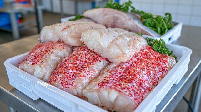Fresh cod and haddock arranged neatly inside white plastic fish boxes in a professional seafood processing facility, stainless steel tables, clean tiled walls, food safety and industrial production 