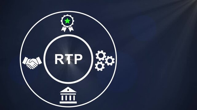 Animated rtp real-time payments financial technology concept featuring digital banking secure transaction symbols, corporate growth gears, and network connectivity motion