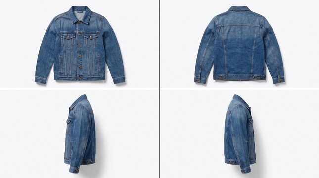 Blue denim jacket shown from four different angles on a clean white background for fashion apparel design