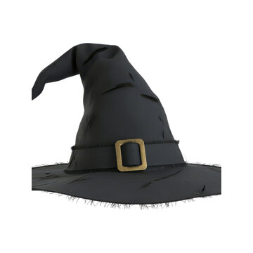 Black witch hat with golden band and pointed tip isolated on transparent background