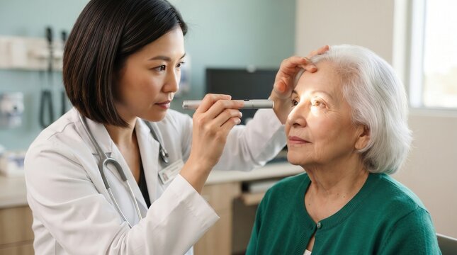 Asian female doctor performing eye exam on elderly senior woman with penlight in a clinic, featuring professional geriatric healthcare and vision care for medical marketing and insurance design.