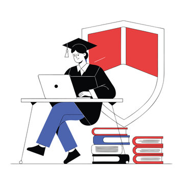Secure online workspace with laptop, lock icon, and books vector illustration