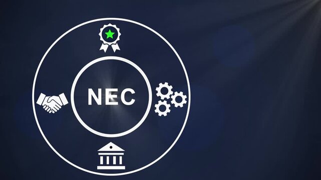 Corporate nec concept animation featuring animated of business handshake, industrial gears, banking architecture, and assurance star badge on a dark blue motion background