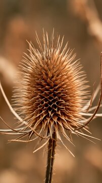Single dried thistle head (different species from prev. list), massive scale complex geometric spiky structure, sepia-toned brown color.