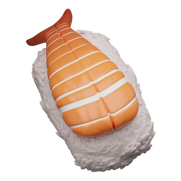 3D ebi shrimp nigiri sushi icon with rice, Japanese seafood render