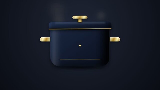 Dark blue cooking pot with gold accents on a black background