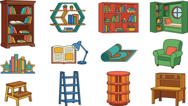 Cozy Home Library and Study Furniture Icon Set with Bookshelves Armchair Desk and Reading Accessories Vector Illustration