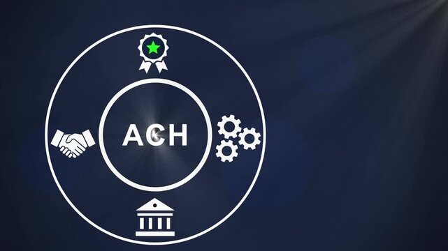 Animated ach payment processing concept featuring banking handshake agreements, and gear mechanisms for financial technology, digital transactions, secure money transfers, and corporate business