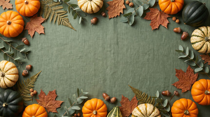 Fototapeta premium Autumnal still life with pumpkins and leaves on green background