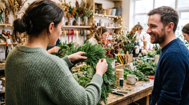 Holiday wreath making workshop people crafting floral decor interior