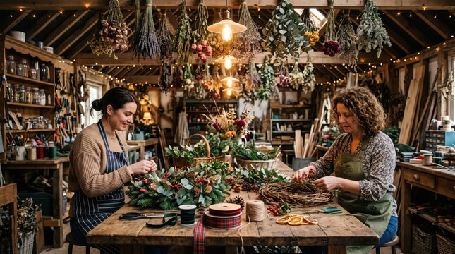 Women crafting holiday wreaths rustic workshop floral studio interior