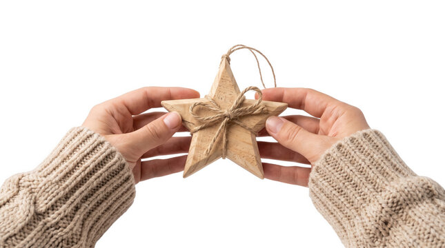 Hands holding wooden star ornament holiday celebration concept