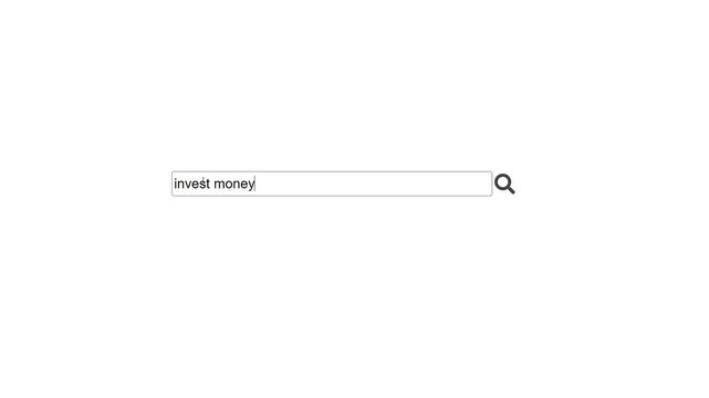 Search bar on a computer monitor with the question Invest money. Searching for information on the Internet, close up.