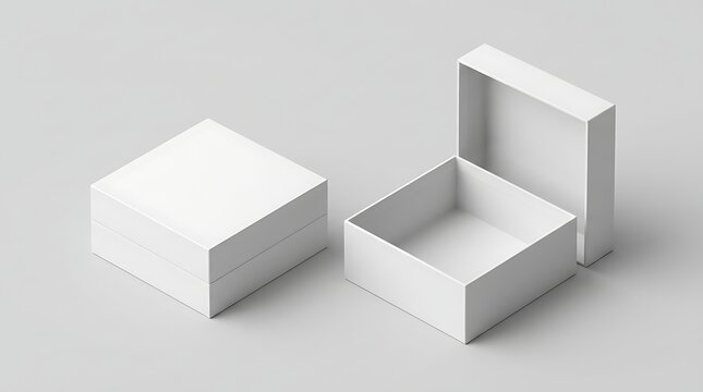 Two white square cardboard boxes with one closed and one open on a light background with blank square containers box closed another