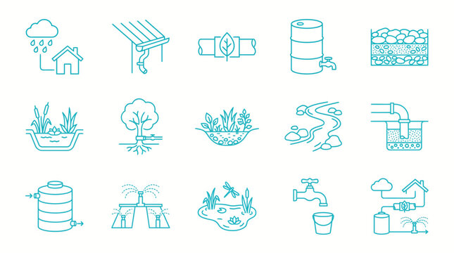 Water conservation and rainwater harvesting icons set