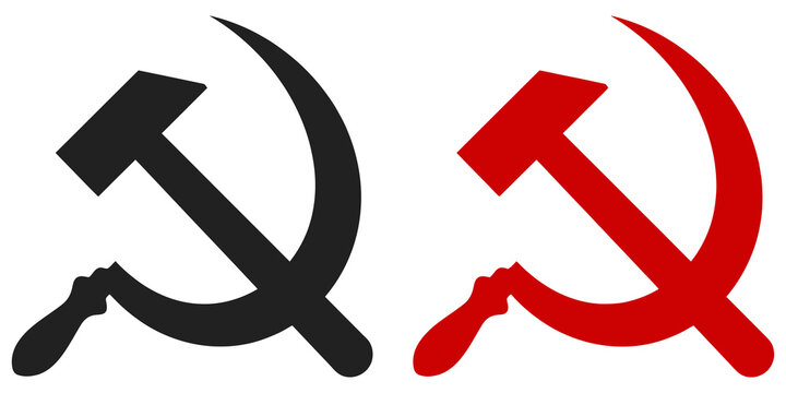 Hammer and sickle icons set with red and black design for political art.