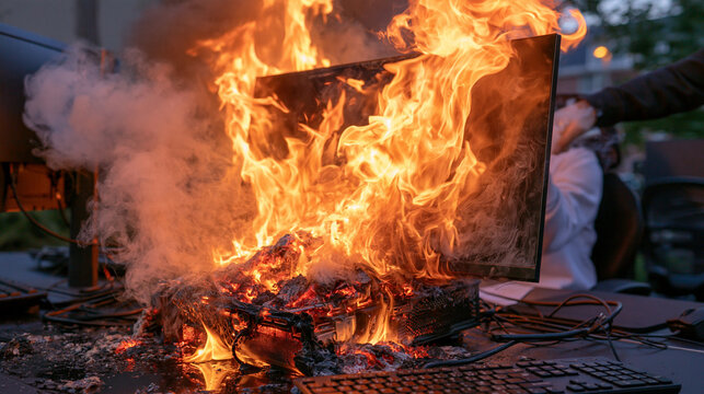 Computer display surrounded by smoke with a prominent overload warning, overheating hardware and small flames beneath the monitor, office worker extinguishing the fire, dramatic lighting, visual met