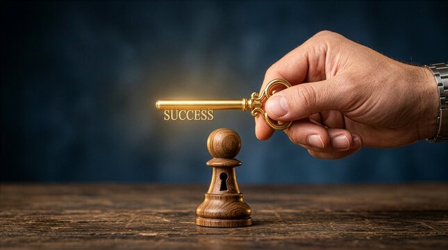 A close-up of a human hand holding a glowing golden success key above a wooden chess pawn with a keyhole, symbolizing strategic business solutions and unlocking potential achievements