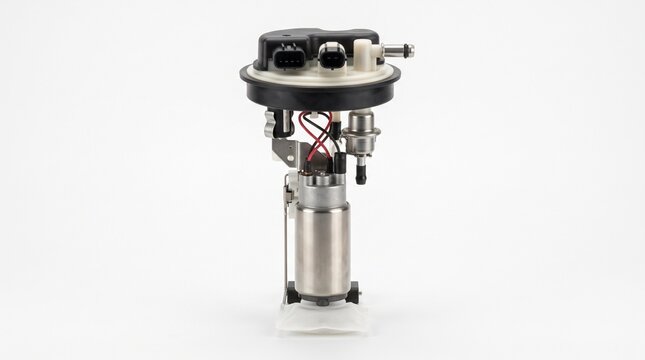 Automotive fuel pump assembly module with fuel strainer and electrical connector isolated on white background