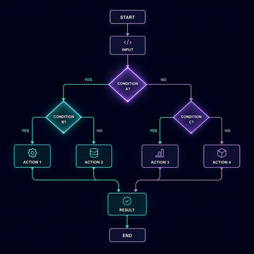 Interactive decision tree diagram showing logical conditional flow from input to final result.