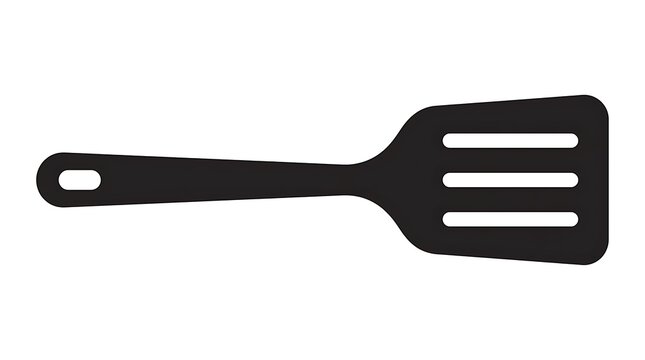 Black silhouette icon of a kitchen spatula with slots isolated on a white background with used cooking flipping graphic icon slotted