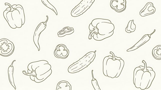 Vegetable pattern with hand drawn outlines of peppers cucumbers and tomato slices on white background with peppers chili peppers slices arranged plain