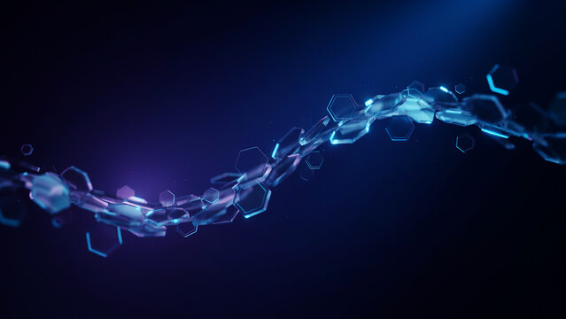Abstract 3D wave of glowing blue hexagonal glass shapes, interconnected honeycomb structure on dark blue background