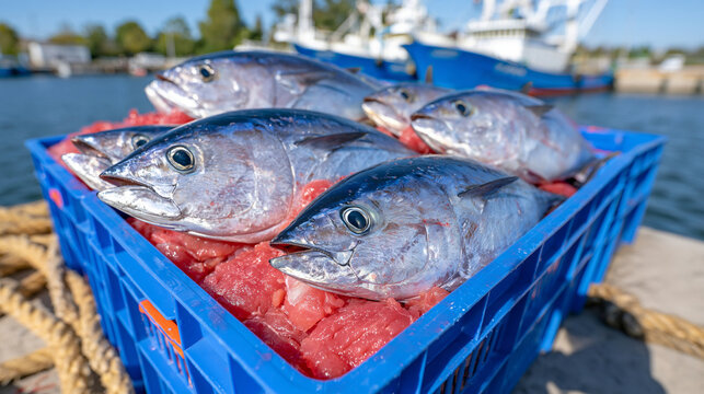 Large plastic fish crates filled with freshly caught tuna and bonito on a fishing port dock, wet surfaces, ropes and fishing boats in the background, early morning natural light, seafood supply chai