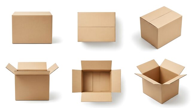 Set of closed and open cardboard boxes shown from various angles on a white background with background different perspectives open configurations arranged