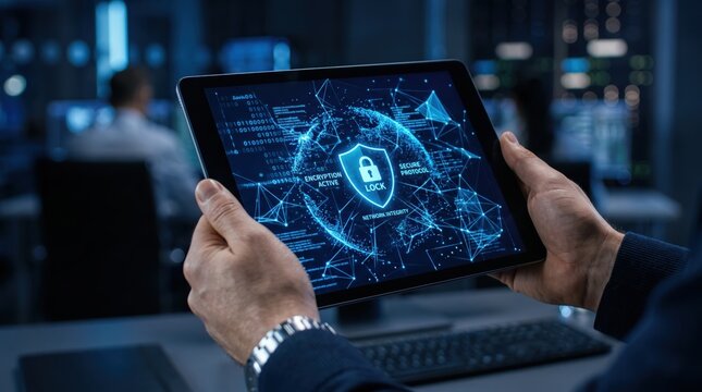 Hands holding tablet with cybersecurity interface, digital lock and encryption active, secure protocol network integrity concept, blue futuristic data protection background