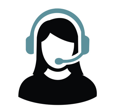 Customer support headset icon with female operator silhouette for call center and communication service