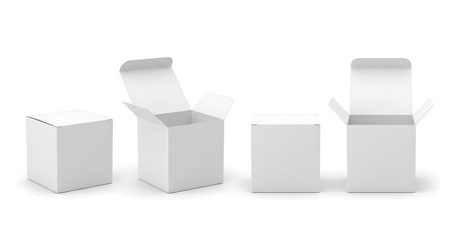 Four white cardboard boxes in various open and closed states arranged in a straight line with containers closed others plain white background
