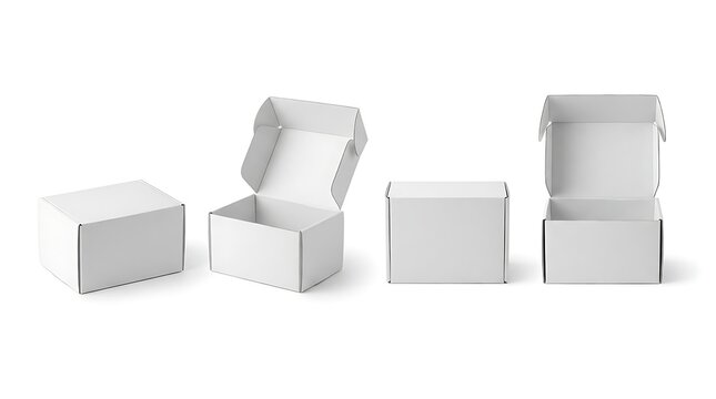 Four white cardboard boxes shown in closed and open positions isolated on a white background with configurations against plain paperboard boxes arranged