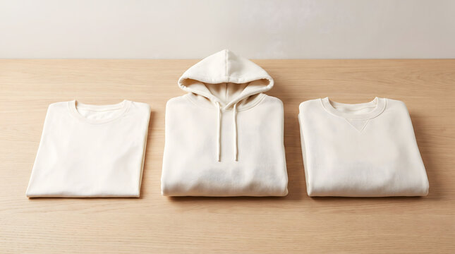 Three neatly folded beige cotton hoodies arranged in a row on a wooden surface