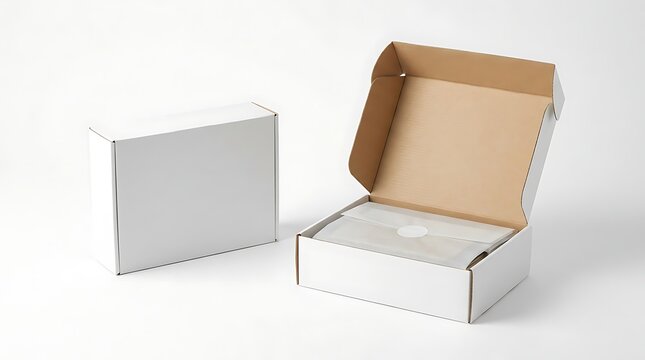 Two white cardboard shipping boxes on a plain white background with one open with mailing boxes positioned other container closed