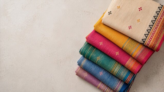 Stack of colorful traditional Indian handloom silk sarees on table