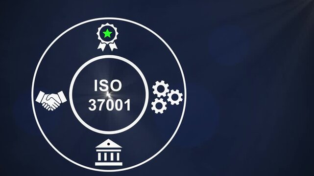 Iso 37001 anti-bribery management system certification concept featuring animated corporate compliance standards, ethical business practices, and global regulatory governance