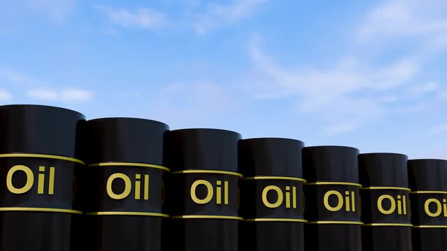 Industrial black oil barrels in a row, crude oil drums under blue sky, petroleum energy storage containers for fuel industry