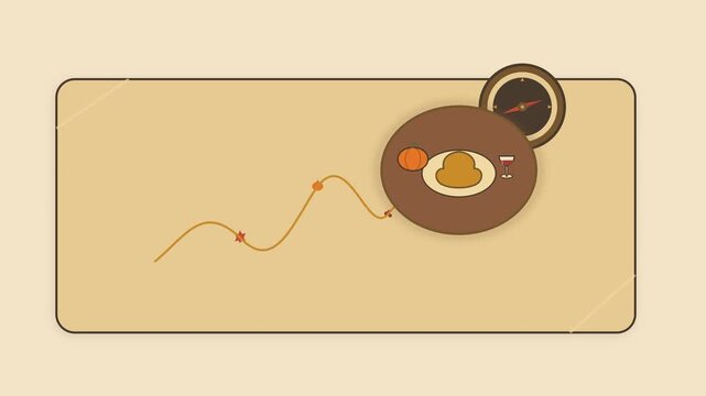 Flat vector treasure map animation showing a journey through an autumn harvest route leading to a hidden Thanksgiving dinner, ideal for Canadian Thanksgiving greetings, seasonal campaigns and holiday