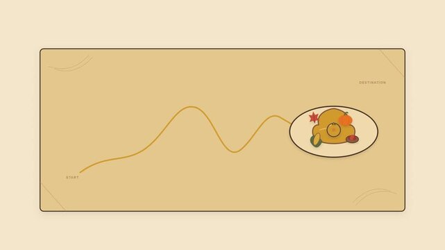 Flat vector animation of a golden trail marker following a treasure map and discovering autumn harvest elements before assembling them into a Thanksgiving dinner, designed for Canadian Thanksgiving an