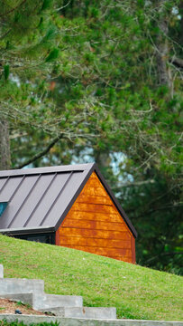 A frame wooden cabin with triangular roof standing on a green hillside surrounded by trees in a peaceful setting today