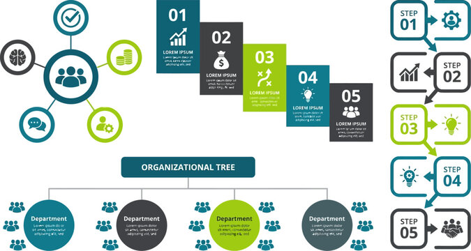 Business organizational charts and process diagrams are displayed as vector templates.